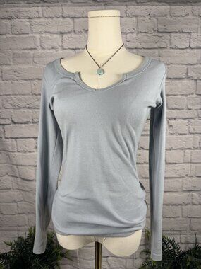 Dusty Blue Ribbed Long Sleeve Notch Neck Top M Fitted Basic Layering Tee